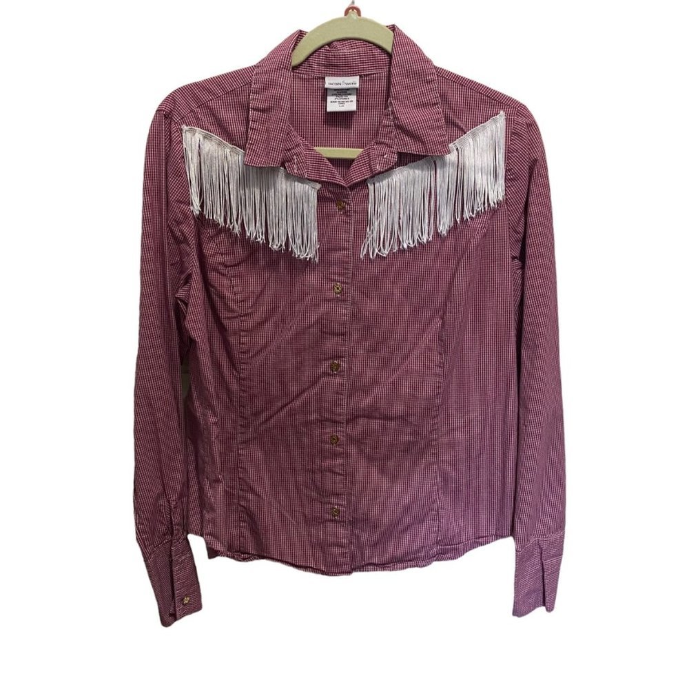 Jaclyn Smith Womens Red Gingham Fringe Western Button Down Shirt Large‎